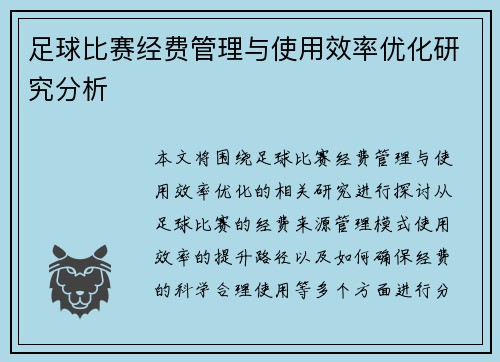 足球比赛经费管理与使用效率优化研究分析